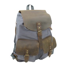 Sport Cowhide Leather Cotton Canvas Backpack C12. Blue Gray