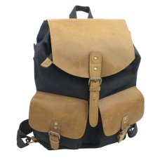 Sport Cowhide Leather Cotton Canvas Backpack C12. BLK
