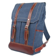 Hiking Sport Cowhide Leather Cotton Canvas Backpack C16.BLU